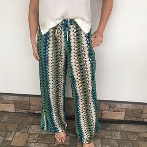 Blue and green patterned palazzo pants
